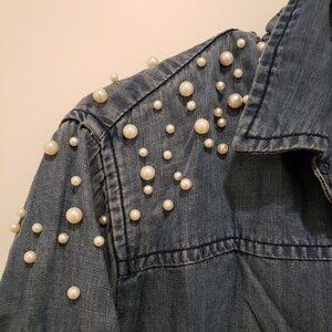 Denim Knee-length dress with Pearl Embellishment at shoulders